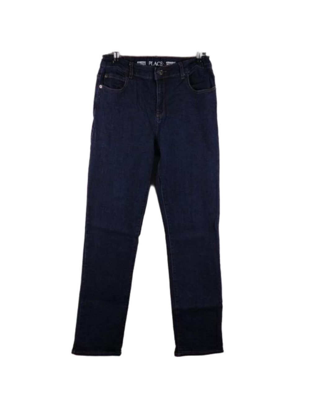 Place Extensible Blue Dark Wash Mid Rise Adjustable Waistband Straight Leg Jean